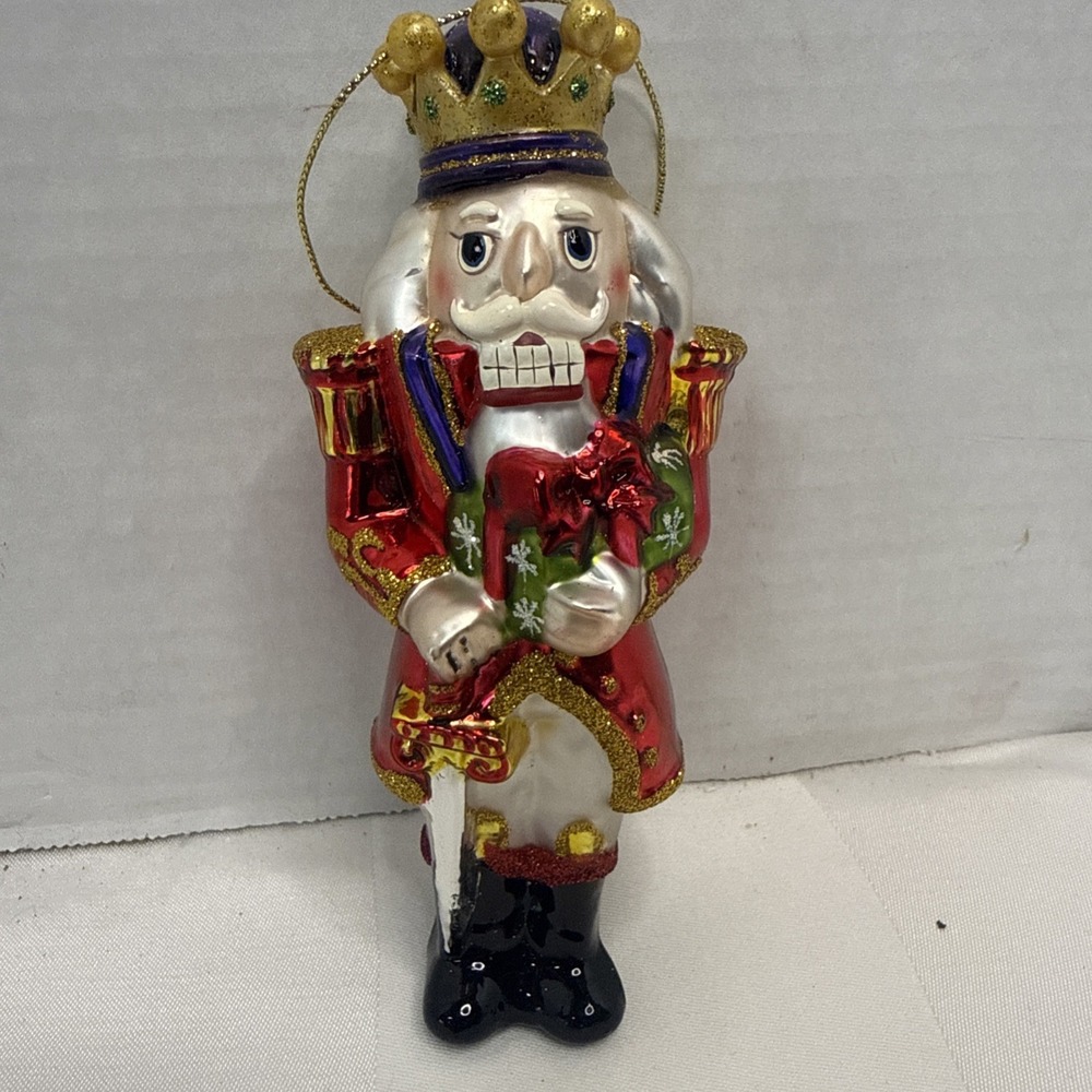 Kurt Adler Bellissimo Glass King Nutcracker Ornament Red Green Gold Glitter 5.5"